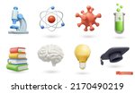 School, science and education icons. Microscope, atom, virus, test tube, books, brain, light bulb, graduation cap 3d render vector set