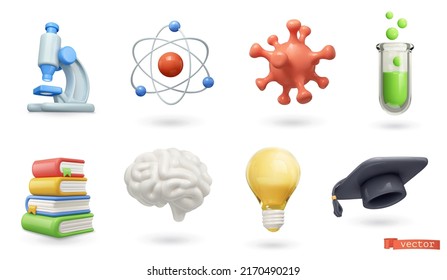 Iconos escolares, científicos y educativos. Microscopio, átomo, virus, tubo de ensayo, libros, cerebro, bombilla, tapa de graduación conjunto de vectores de renderización 3d