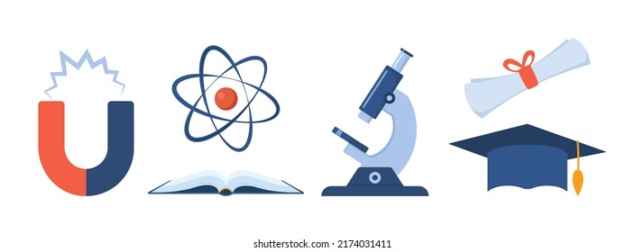 School, Science And Education Icons. Microscope, Atom, Books, Magnet Diploma Graduation Cap. Back To School. Vector Illustration