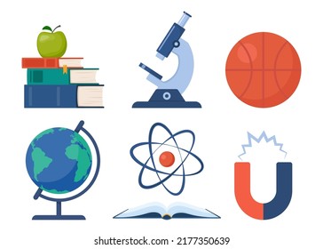 School, science and education icons. Microscope, atom, books, magnet globe basketball. Back to school Vector illustration