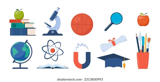 School, science and education icons. Microscope, atom, books, magnet globe basketball. Back to school Vector illustration