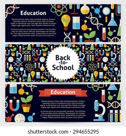 School Science and Education Template Banners Set. Modern Flat Style Design Vector Illustration of Brand Identity for Chemistry Biology Physics and Research Promotion. Colorful Pattern for Advertising