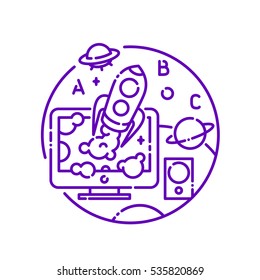 School science education vector icon. Rocket and ufo flying from computer screen. Space graphic line art style background