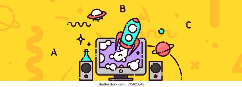 School science education vector illustration web banner. Rocket flying from computer screen. Space background