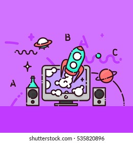 School science education vector illustration. Rocket flying from computer screen. Space background
