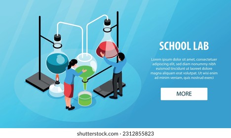 Horizontalbanner für das naturwissenschaftliche Labor der Schule mit Ausrüstung für praktische chemische Experimente, isometrische Vektorgrafik