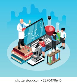 School science lab isometric design concept with teacher pupils tutorials chemical formulas beakers for experiments vector illustration