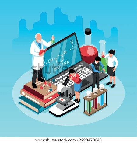 School science lab isometric design concept with teacher pupils tutorials chemical formulas beakers for experiments vector illustration