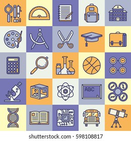 School and Science Outline Color Icon Set. 