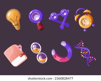 Schule Wissenschaft Vektorsymbol mit Magnet und DNA-Objektsatz. Biologie liefert Symbolkartoon. Physikexperiment und Forschung mit isolierter Uhr, Lehrbuch, Gläsern und Gläsern. Idea Concept PNG Clip Art