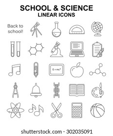 School and science vector linear icons set on white background. Line style icons.