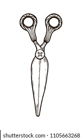 School scissors, closed on a white background. Elementary school Concept. Hand drawn illustration equipment for continuing education. College supplies. Coloring book for adults