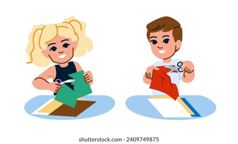 school scissors kid  vector.  paper craft, happy kindergarten, origami cut school scissors kid character. people flat cartoon illustration