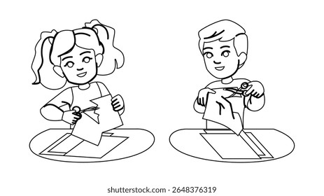school scissors kid vector. paper craft, happy kindergarten, origami cut school scissors kid character. people black line pencil drawing illustration