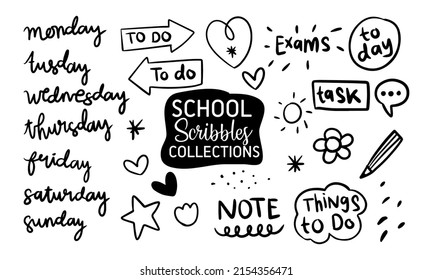 School scribbles doodle collection. Black and white vector