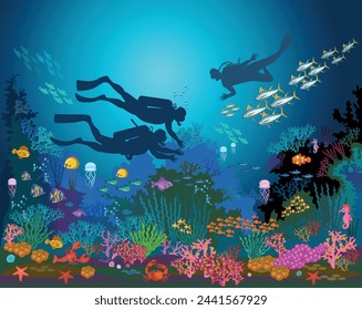 School of Sea Fish and divers. Fish swimming under the sea