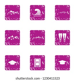 School of the sea icons set. Grunge set of 9 school of the sea vector icons for web isolated on white background