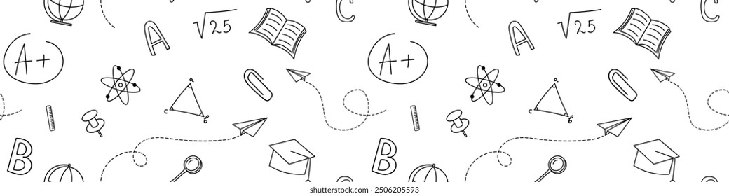 School seamless background. Back to school. Education, science concept. Seamless pattern with doodles of school supplies. Hand drawn seamless pattern. Vector EPS 10