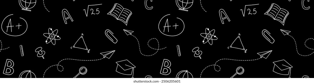 School seamless background. Back to school. Education, science concept. Seamless pattern with doodles of school supplies. Hand drawn seamless pattern. Vector EPS 10
