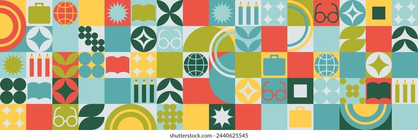 School seamless background for a stand made of geometric shapes, colored mosaic in a trendy style. Student and office worker template for wallpaper and web cover - globe, book. glasses, pencils.