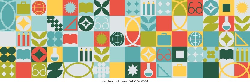 School seamless background for a stand made of geometric shapes, colored mosaic in a trendy style. Student and office worker template for wallpaper and web cover - globe, book. glasses, pencils.