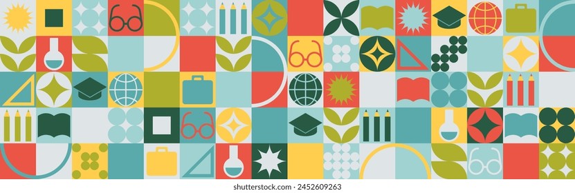 School seamless background for a stand made of geometric shapes, colored mosaic in a trendy style. Student and office worker template for wallpaper and web cover - globe, book. glasses, pencils.