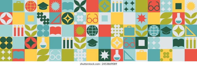 School seamless background for a stand made of geometric shapes, colored mosaic in a trendy style. Student and office worker template for wallpaper and web cover - globe, book. glasses, pencils.