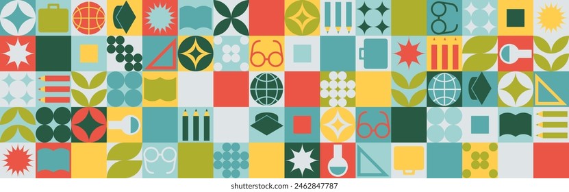 Fondo sin costuras de la escuela para un soporte hecho de Formas geométricas, mosaico de colores en un estilo de moda. Plantilla de estudiante y oficinista para Fondo de pantalla y cubierta de Web - globo, libro. gafas, lápices.