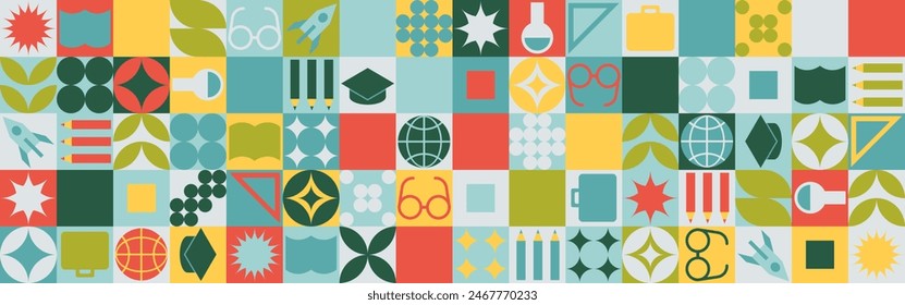 School seamless background for a stand made of geometric shapes, colored mosaic in a trendy style. Student and office worker template for wallpaper and web cover - globe, book. glasses, pencils.