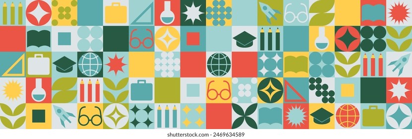 Fondo sin costuras de la escuela para un soporte hecho de Formas geométricas, mosaico de colores en un estilo de moda. Plantilla de estudiante y oficinista para Fondo de pantalla y cubierta de Web - globo, libro. gafas, lápices.