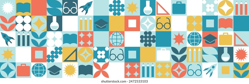 Nahtloser Schulhintergrund für einen Ständer aus geometrischen Formen, farbiges Mosaik in einem trendigen Stil. Student und Büroangestellte Vorlage für Bildschirmhintergrund und Web Cover - Globus, Buch, Brille, Bleistifte.