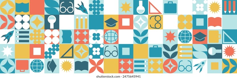 School seamless background for a stand made of geometric shapes, colored mosaic in a trendy style. Student and office worker template for wallpaper and web cover - globe, book. glasses, pencils.