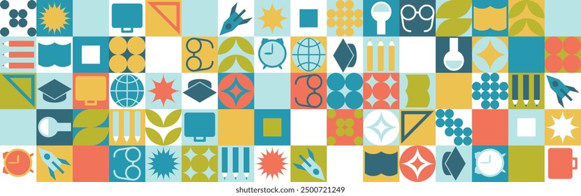 School seamless background for a stand made of geometric shapes, colored mosaic in a trendy style. Student and office worker template for wallpaper and web cover - globe, book. glasses, pencils.