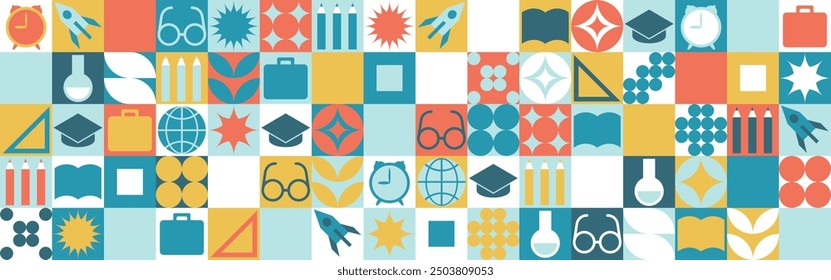 School seamless background for a stand made of geometric shapes, colored mosaic in a trendy style. Student and office worker template for wallpaper and web cover - globe, book. glasses, pencils.