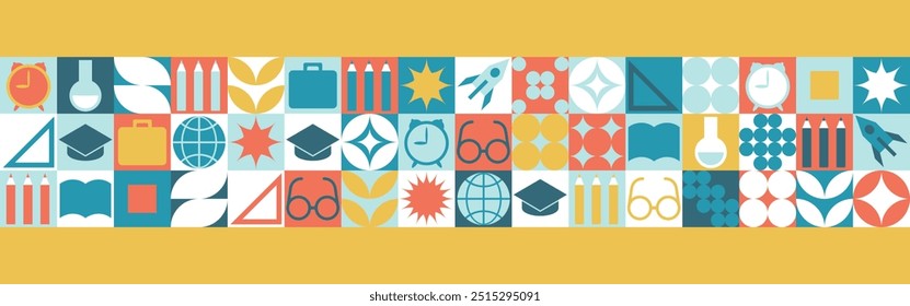 School seamless background for a stand made of geometric shapes, colored mosaic in a trendy style. Student and office worker template for wallpaper and web cover - globe, book. glasses, pencils.