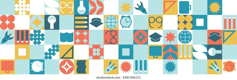 School seamless background for a stand made of geometric shapes, colored mosaic in a trendy style. Student and office worker template for wallpaper and web cover - globe, book. glasses, pencils.