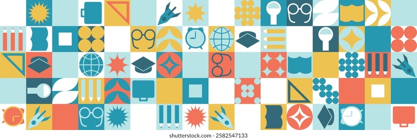 School seamless background for a stand made of geometric shapes, colored mosaic in a trendy style. Student and office worker template for wallpaper and web cover - globe, book. glasses, pencils.