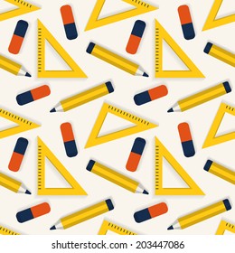 School seamless background with stationery: pencils, erasers and rulers. Vector illustration.