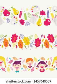 School seamless borders - girl, boy, leaves, notepad, palette, apple, pear, oak, pupils, pencil, ruler. Perfect for educational posters