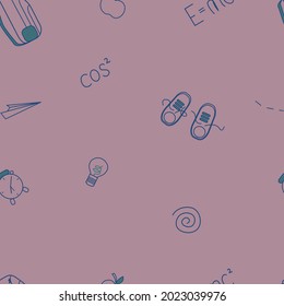 school seamless outline pattern. Different school supplies and tools background. Education pattern for wrappers, textile, background. Bag, clock, pencil, ball, globe, ball, shoes, math formulas and si