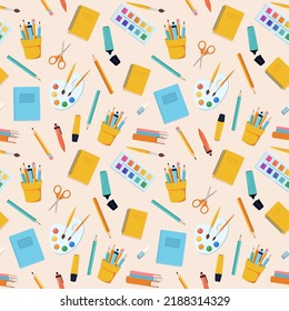 School seamless pattern. Art supplies, paints, brushes vector background. Goods for artists