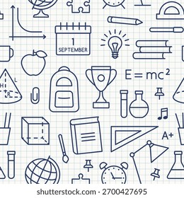 Padrão escolar sem emenda. De volta à escola. Notebook em uma textura de gaiola com mochila, globo, papelaria, livros. Plano de fundo de educação em design de esboço plano. Ilustração vetorial. Impressão em xadrez