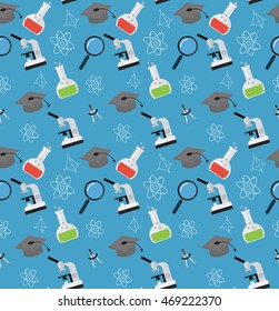 School seamless pattern. Back to school illustration on notebook paper background. High school objects college items in flat style.