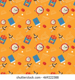 School seamless pattern. Back to school illustration on notebook paper background. High school objects college items in flat style.