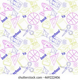 School seamless pattern. Back to school illustration on notebook paper background. High school objects college items in flat line icons style.