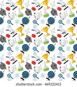 School seamless pattern. Back to school illustration on notebook paper background. High school objects college items in flat style.