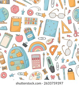 School seamless pattern, back to school wallpaper with cute doodles, good for prints, stationery, wrapping paper, backgrounds, banners, cards, etc. EPS 10