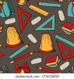 Patrón sin fisuras en la escuela. Bolsa, reglas, borradores, lapiceros, lápices, libros, campana. Textura sin fin para tu diseño.