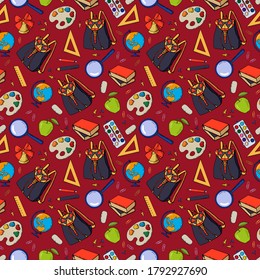 School seamless pattern. Bell, ruler, square, pencils, washing eraser, books, globe, magnifier, paper clips, buttons, paints, palette, apple. Stock illustration. Endless texture for your design.