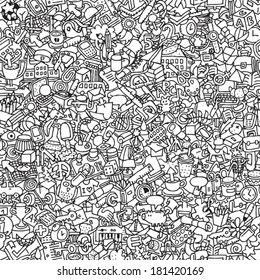 School seamless pattern in black and white (repeated) with mini doodle drawings (icons). Illustration is in eps8 vector mode.